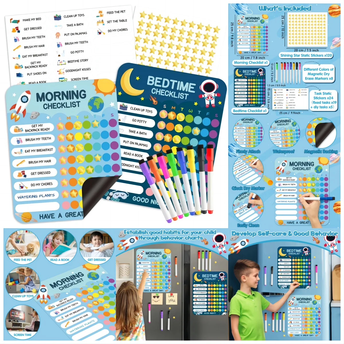 Morning Bedtime Routine Chart Poster Magnetic Sticker for Kids Toddlers Daily Visual Schedule Routine Checklist Reward Chart