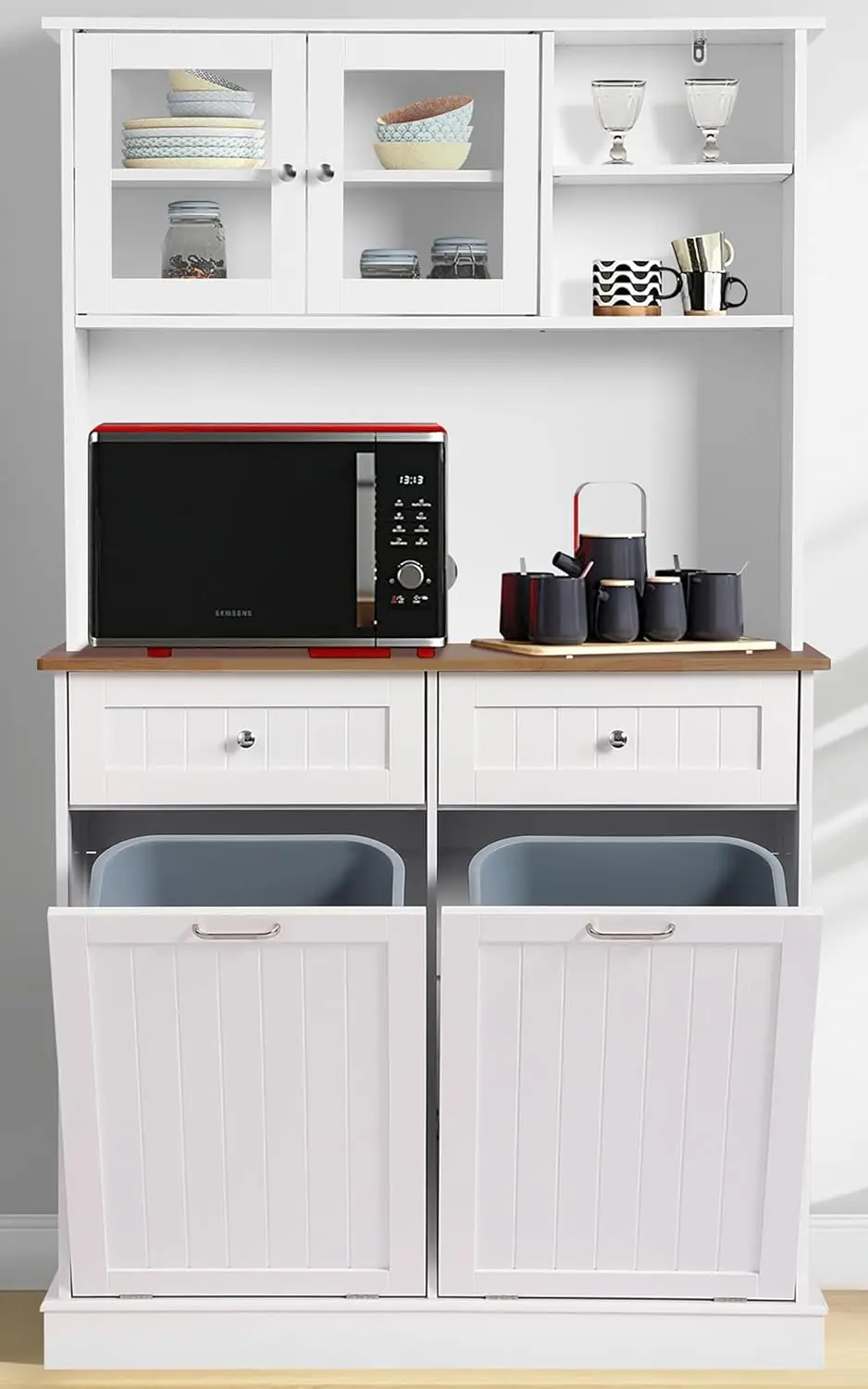 Kitchen Pantry Storage Cabinet, Microwave Cabinet with Tilt Out Trash Cabinet,Tall Pantry Cabinet Cupboard, Freestanding Kitchen