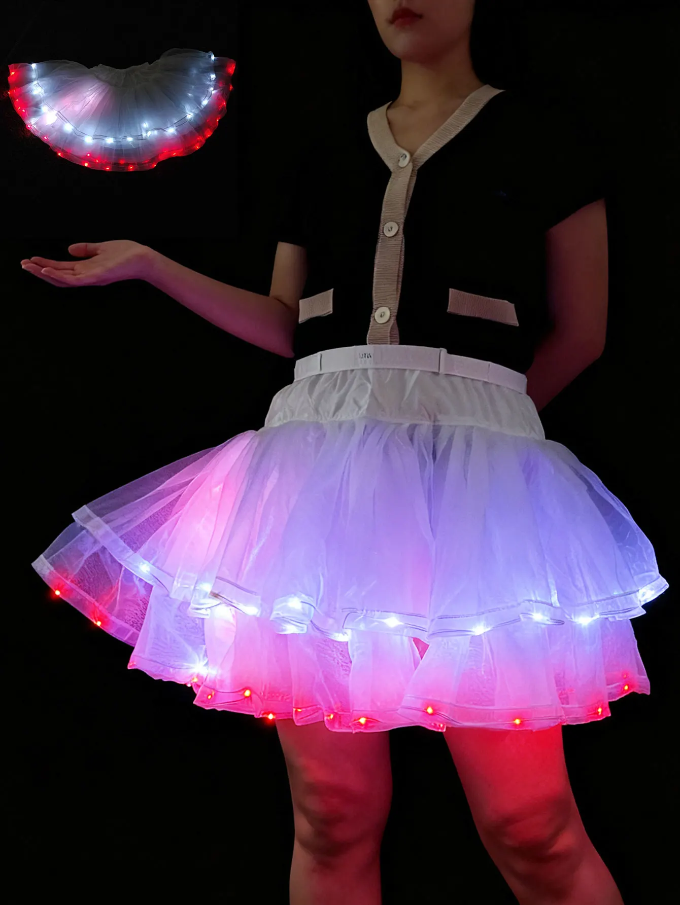 Abito da vestire a LED, costume da cheerleader, decorazione per feste, abito da ballo color block [venduto senza batterie]