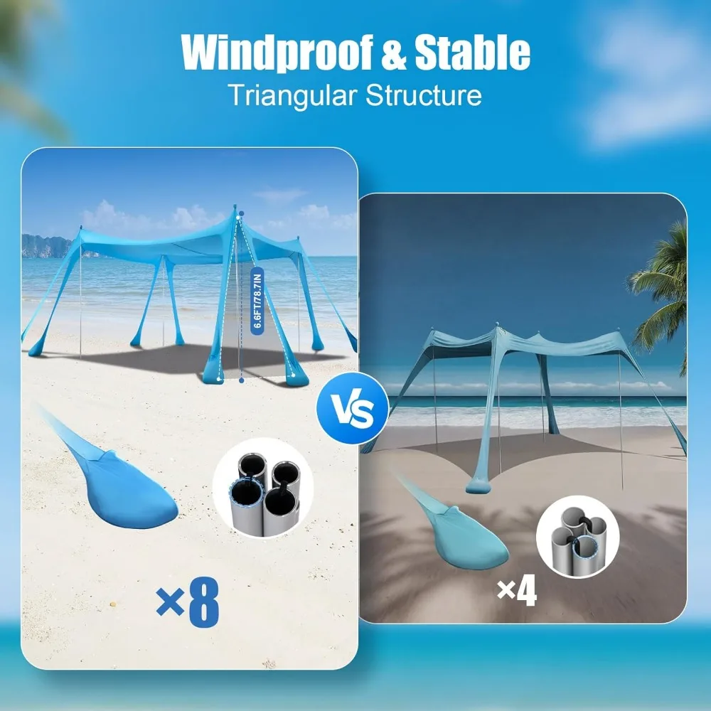 مظلة شاطئ محمولة للاستخدام الخارجي مع حماية من أشعة الشمس بعامل حماية من أشعة الشمس 50+، وخيمة تظليل مقاس 10 × 10 أقدام، تتضمن أكياس رمل ومجارف ومراسي للتثبيت #4