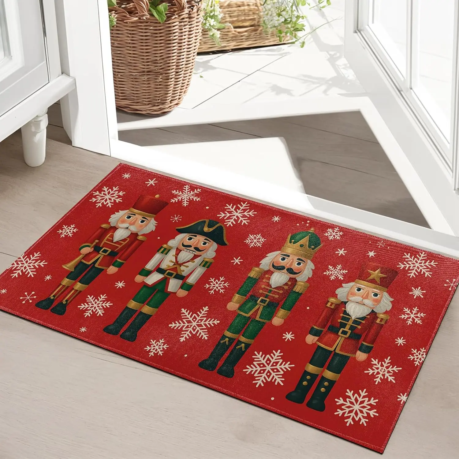 Nutcracker Indoor Door Mat, Christmas Soldier and Snowflake Front Doormats, Winter Entryway Area Rug Soft Non Woven Floor Mats