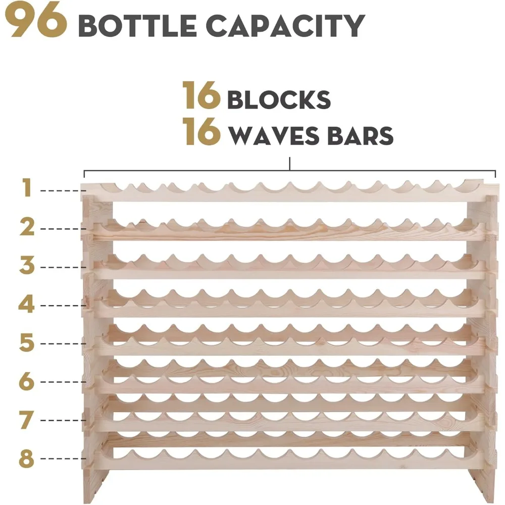 96 Bottles Stackable Modular Wine Rack, 8-Tier Wooden Wine Storage Rack Freestanding Wine Holder Display Shelves, Wobble