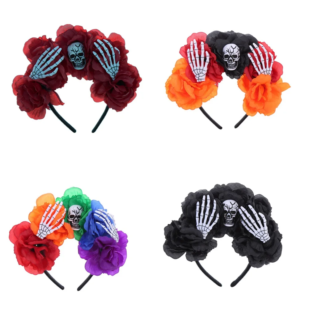 Diadema de hada para el Día de los muertos, corona Floral de Rosa Bloomy, calavera de araña aterradora, Aro para el cabello de fiesta, accesorios para el cabello