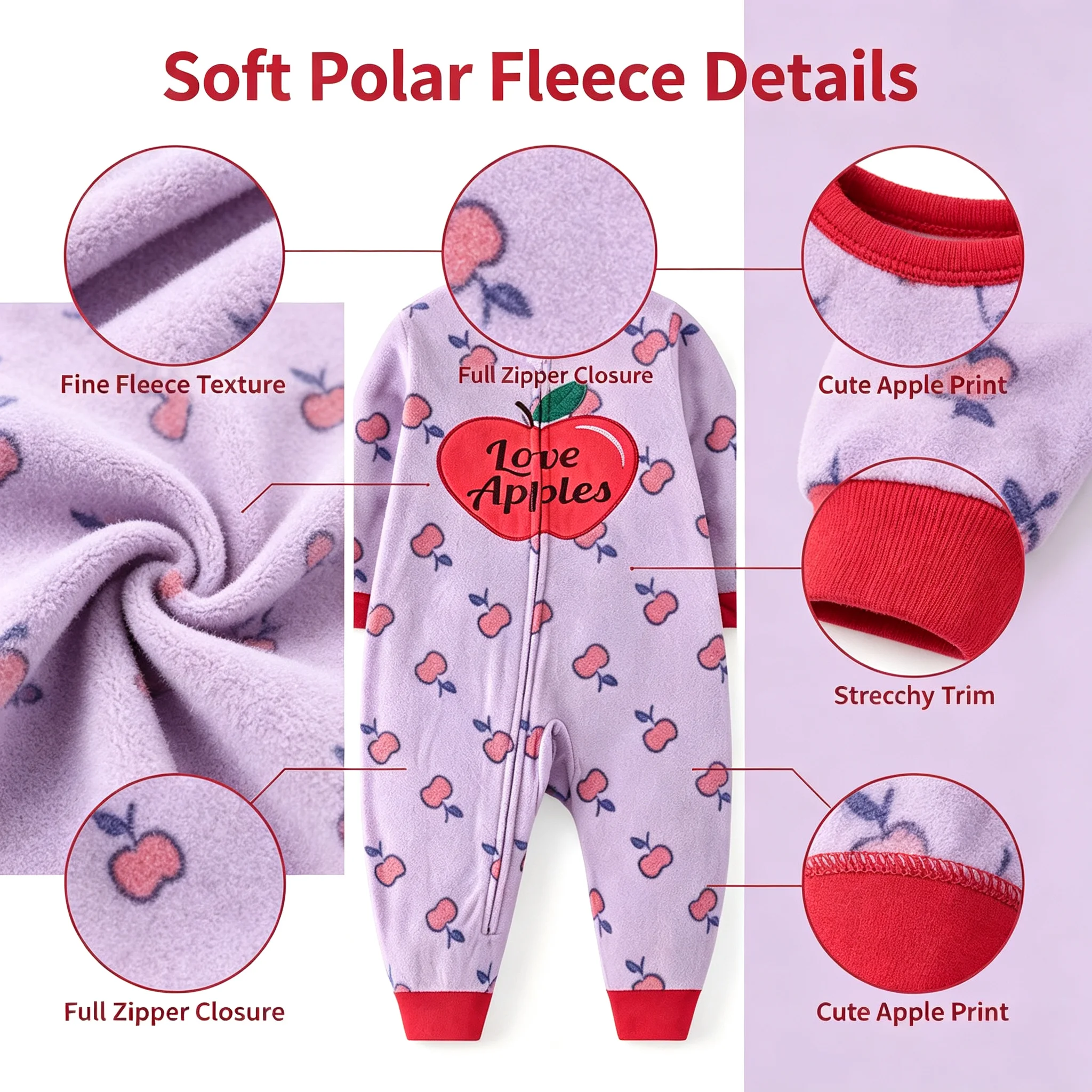 Unisex Toddler Polar Fleece Jumpsuit Long Sleeve Footless Romper Full Zipper Cute Fruit Print Baby Outfit 6M-24M