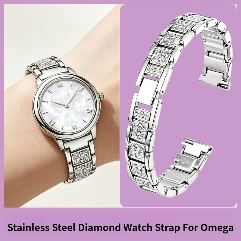 Women Steel Inlaid Diamond Watch Band Replacement Bracelet for Original Omega De Ville Prestige 30mm Dial 434.10 Ladies Strap