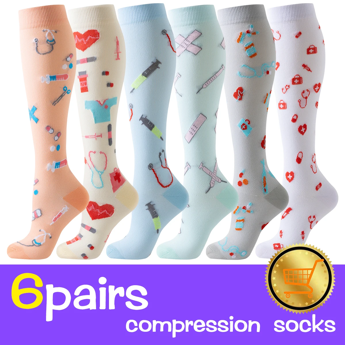 

6 Pairs Athletic Compression Socks Women, Cute Pattern Breathable Knee High Socks Women Sports Nurse Compression Socks