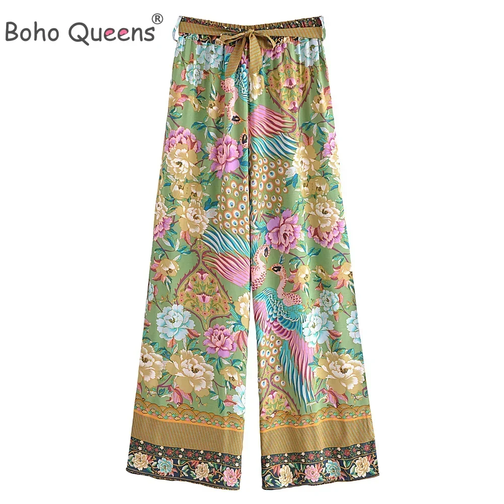 Boho Queens Women Peacock Floral Print Bohemian Wide Leg Pants Lady Elastic Waist Loose Rayon Boho Long Pants Oversize Trousers