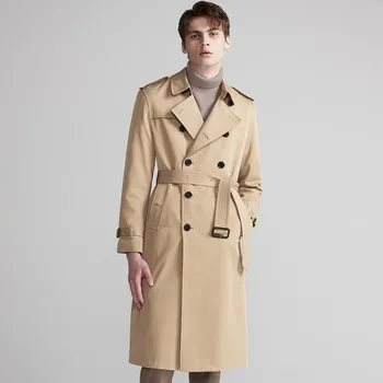 Men's Double-Breasted Belted British-Style Long Trench Coat 5 Mauroicardi Spring Autumn Long Chic Khaki Trench Coat Men Belt Double Breasted Elegant Luxury British Style Black Overcoat 2025 5