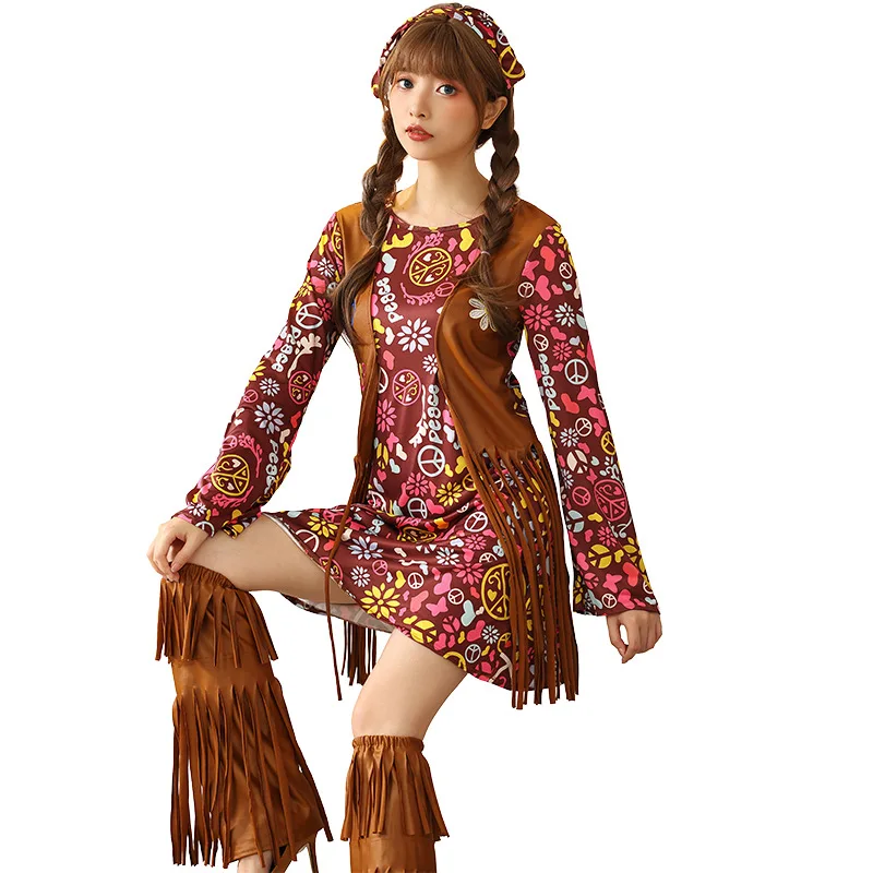 

Retro Singer Dancer Women Girls Cosplay Vintage 70s Disco Hippie Costumes Bohemian Brown Tassel Vest Floral Dress Stage Show