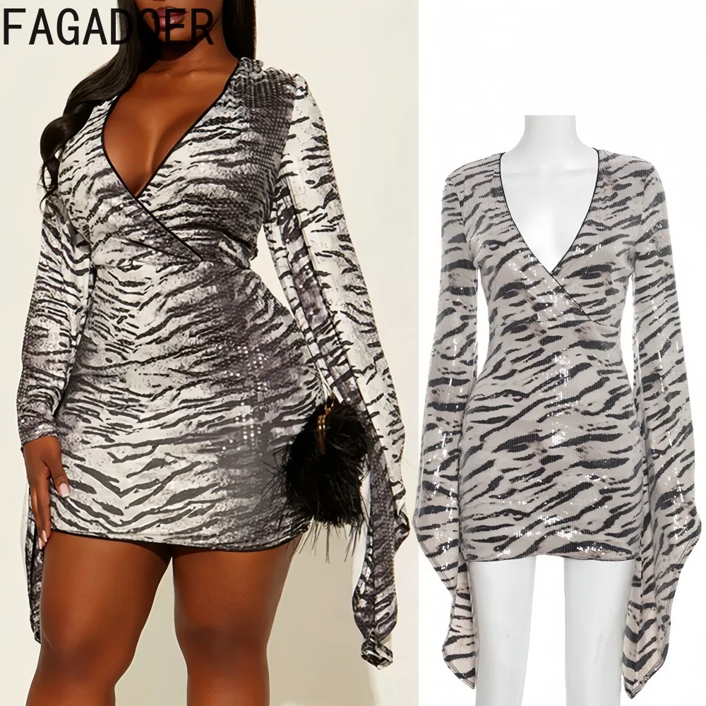 

FAGADOER Sexy Serpentine Glitter Patchwork Bodycon Dresses Woman Deep V-neck Irregular Sleeves Dress Female Streetwear Vestidos