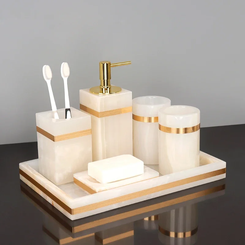 

White Onyx Natural Marble Bathroom Accessories Gold Luxury Soap Dispenser Cotton Swab Holder Toothbrush Holder Bathroom Set