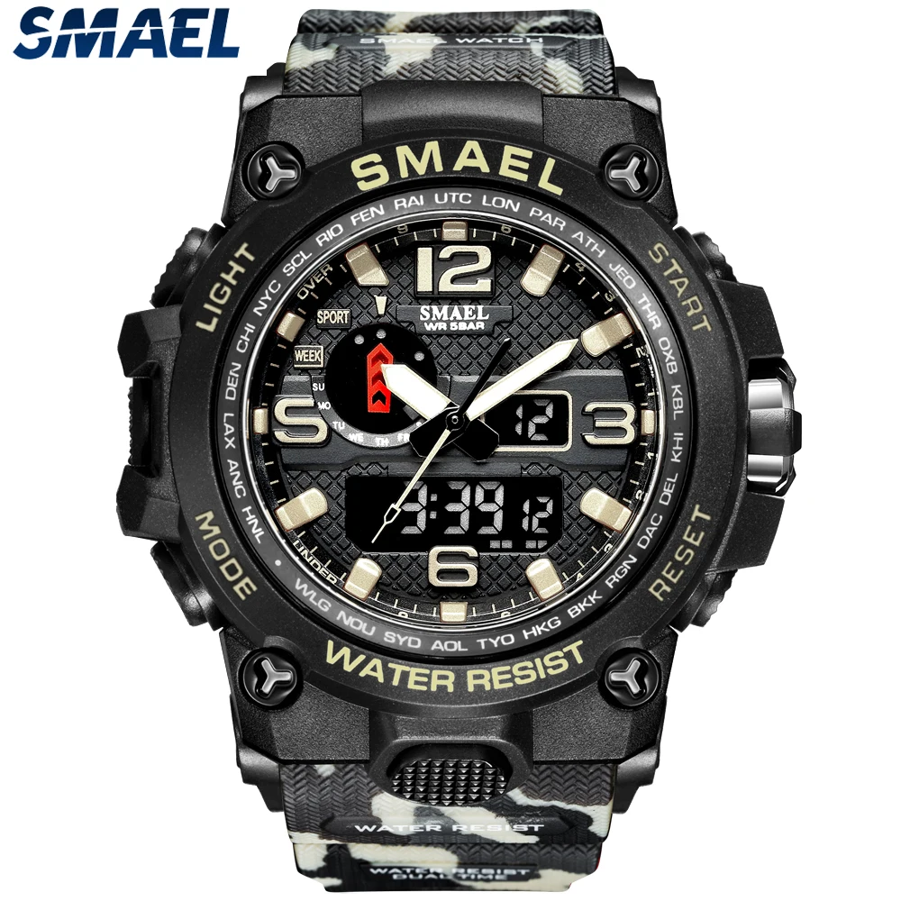 SMAEL Men\'s Multi functional Waterproof Night Light Alarm Clock Sports Outdoor Watch 1545D Camo Tactical Watch