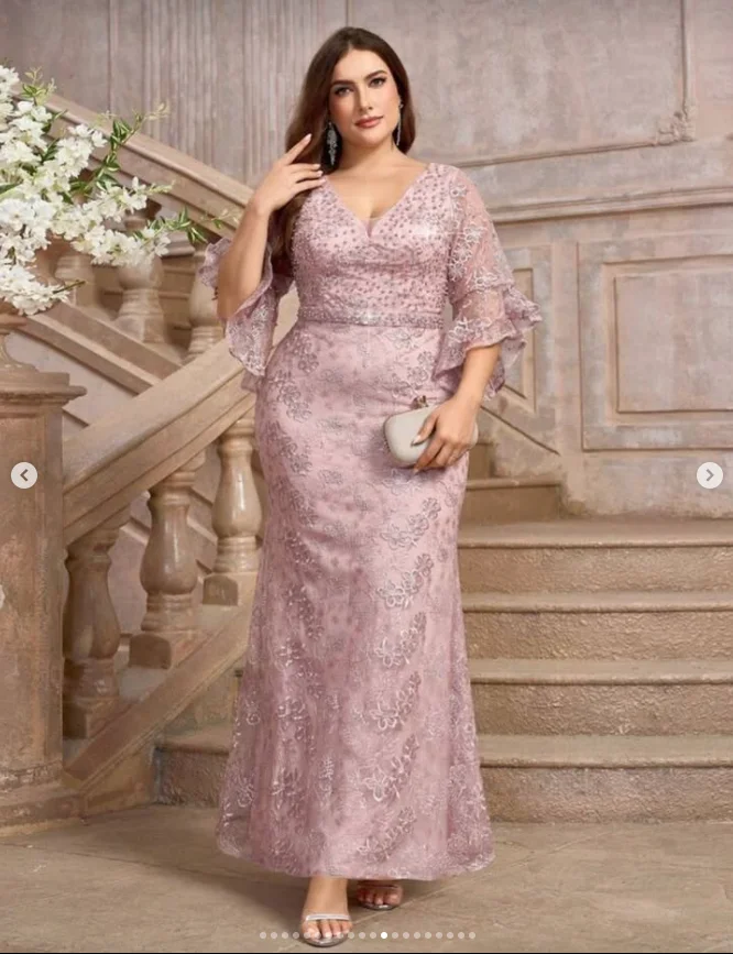 Elegant Flare Sleeve Mother of the Bridal Dress  Applique Lace Beads Mermaid Ankle Length Wedding  Dress Customized Plus Size