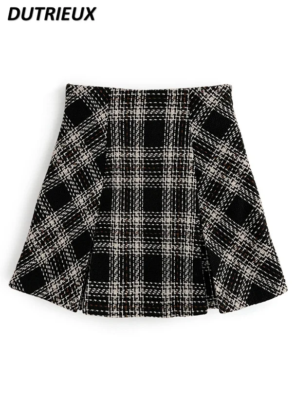 Spring New All-Matching Short Skirt 2024 Japanese Sweet Tweed Elastic Waist with Lining Plaid A- Line Mini Skirts for Women