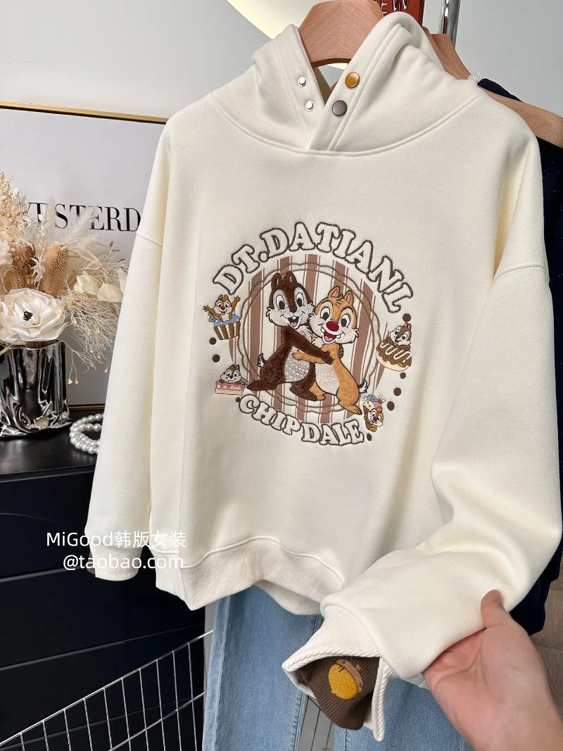 الثقيلة التطريز الكرتون نمط مزدوجة الأكمام تصميم فضفاض مقنعين الصوف سميكة البلوز الشتاء البلوز هوديس السيدات