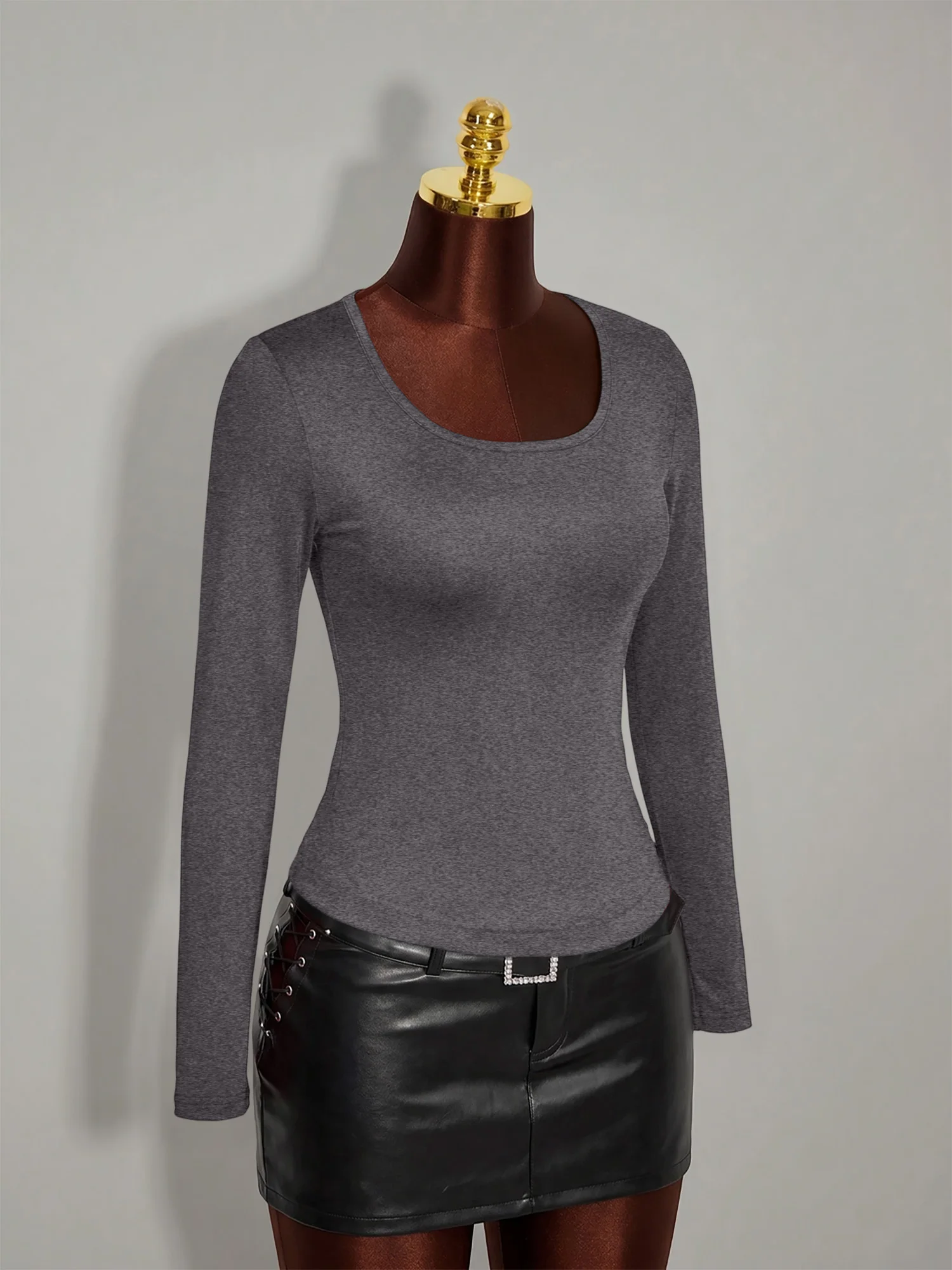 Vintage Chic Solid Color U Neck Long Sleeve Tees Ladies Figure Hugging Elastic Long Sleeve Shirts Spring Layering Inner Top view 3