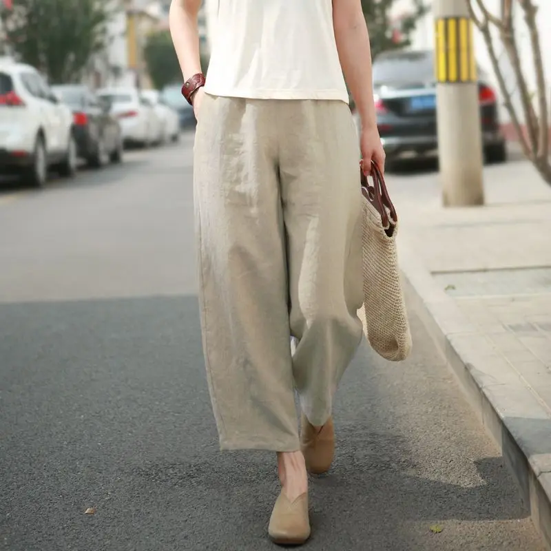 Women Summer Simplicity Loose Elegant Solid Color High Waist Appear Thin Wide Leg Women Clothes Casual All-match Cropped Pants