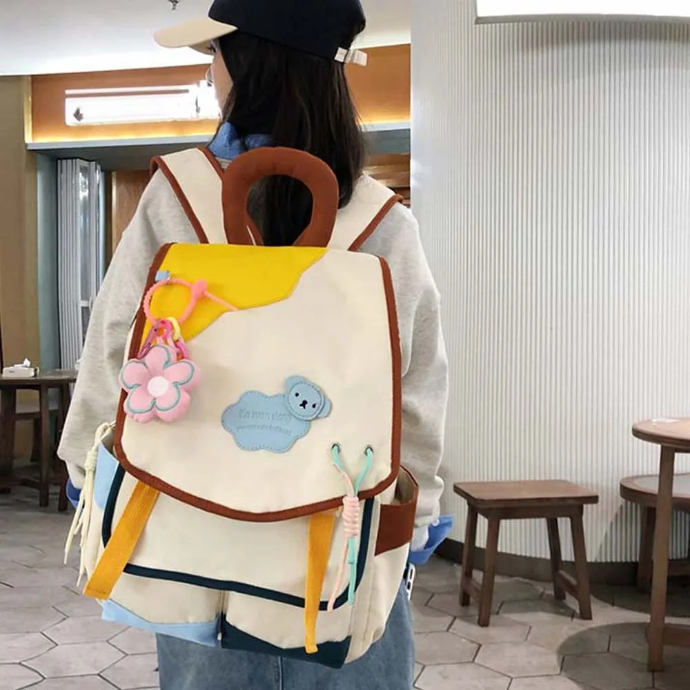 

Nylon Contrast Color Backpack Candy Color Lightweight Cartoon School Bag Flower Pendant Foldable Large Capacity Daypack School