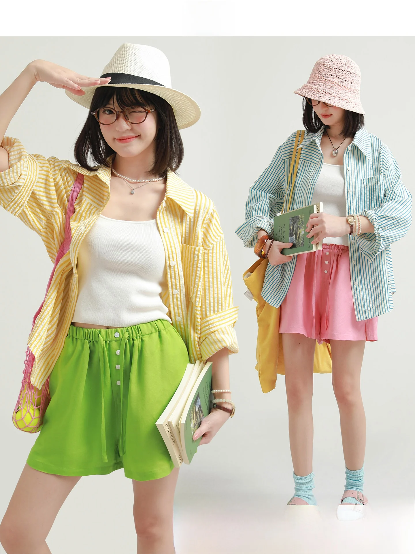 

Rare Probability Lightweight Blue Striped Shirt Wide Leg Shorts Two Piece Set Summer Lazy Style Women's Loose Fit Polyester L...
