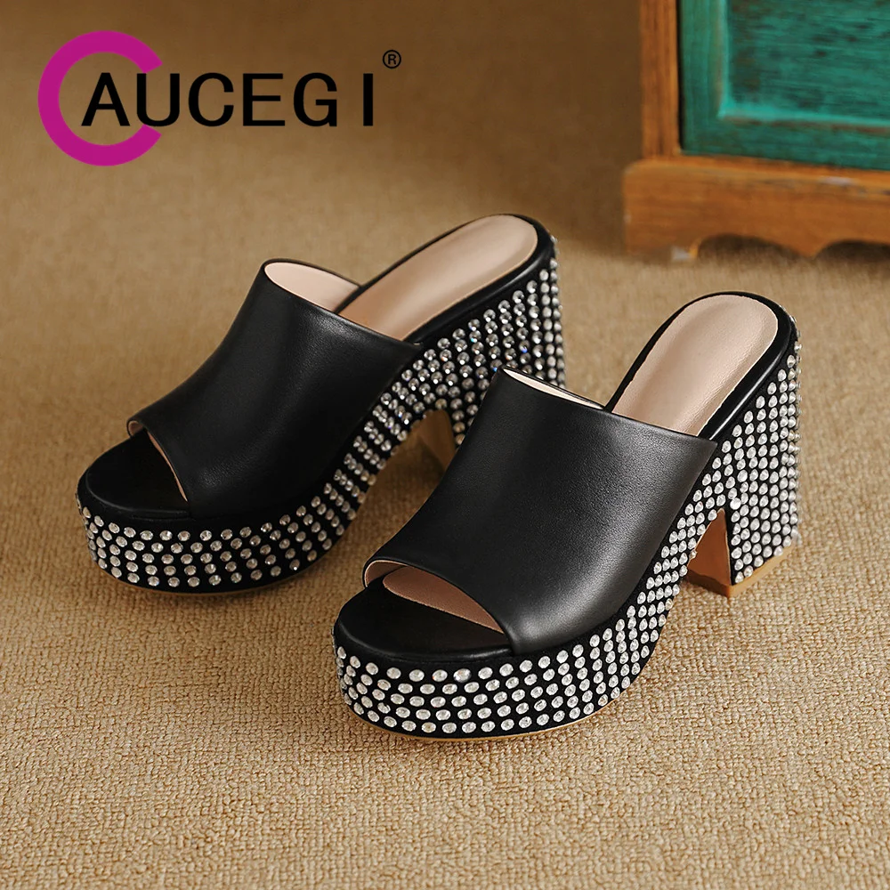 

Aucegi Delicate Rhinestone Platform Chunky High Heels Sandals Slipper Genuine Leather Black Open Toe Party Banquet Women's Shoes