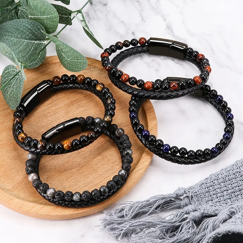 

Punk Men Braid Bracelet Multilayer Leather Natural Stone Beaded Bangle Stainless Steel Magnetic Clasp Male Jewelry