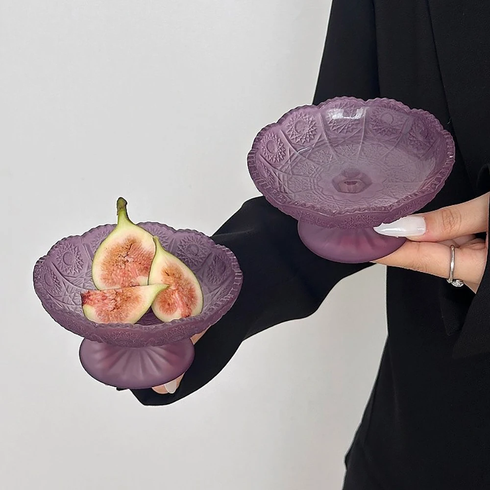 Matte Purple Footed Glass Fruit Plates Cabbage Leaf Texture Wavy Rim Dessert Bowls for Snacks Candies Home Party Table Decor