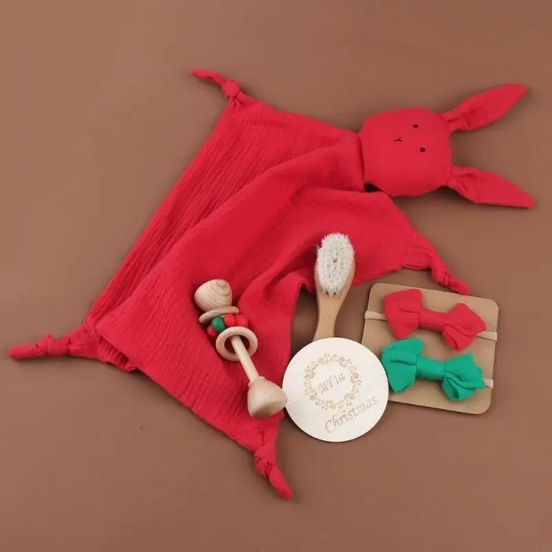 

E06F Cartoon Cotton Newborn Appease Towel Set with Beech Rattle Toy Hair Bands