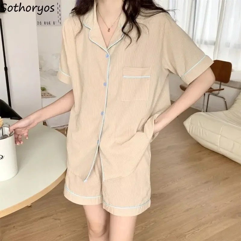 Pajama Sets Women Striped Designed All-match Daily Home Cozy Basics Retro Korean Style Ladies Simple Summer Graceful Lovely Ins