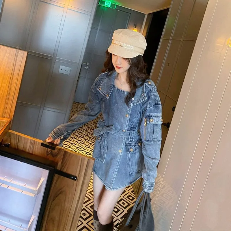 Women Features Cinched Waist Slimming Mid-length Workwear Trench Coat Retro Denim Jacket Trendy Design Versatile Spring Autumn