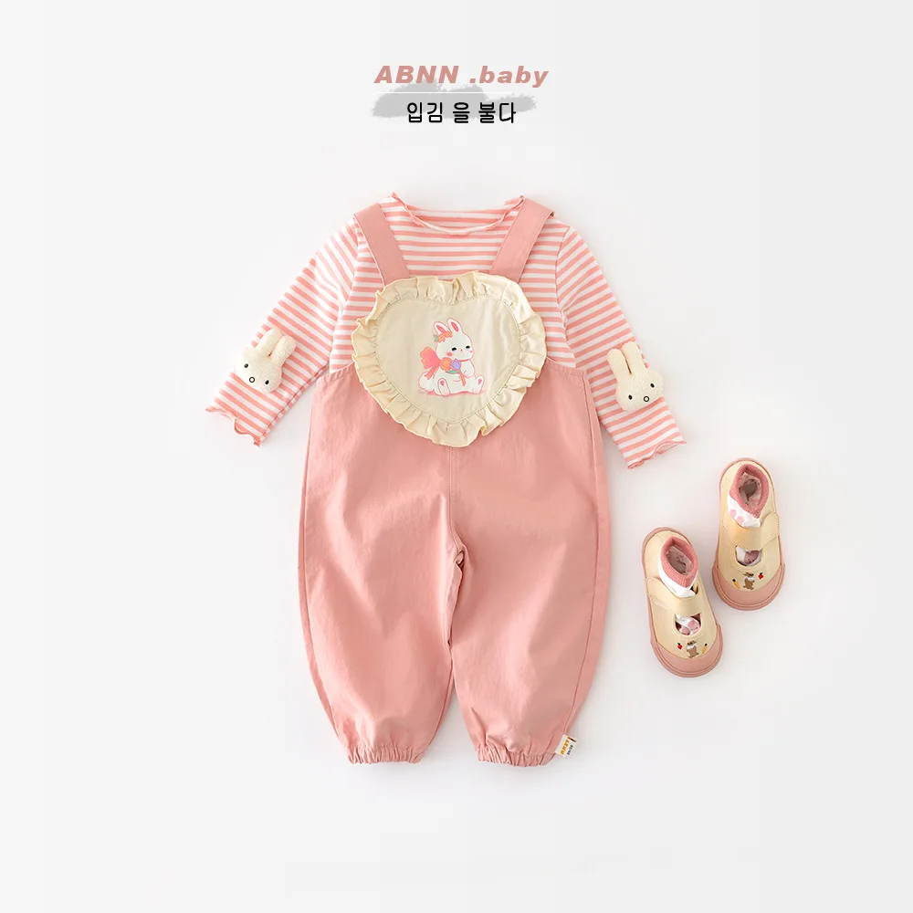 

Girls Set Striped Children's Cute Rabbit Bottom Shirt Little Girl Foreign Style Overalls Two-piece Set