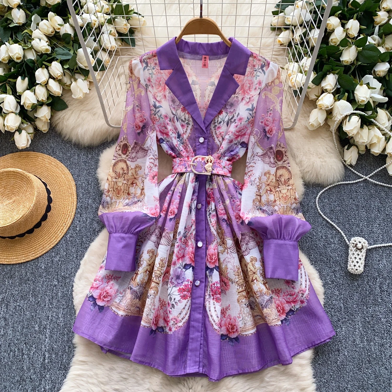 

Clothland Women Sweet Floral Mini Dress Belt Notched Collar Long Sleeve A Line Vintage Retro Female Dresses Vestido QD890