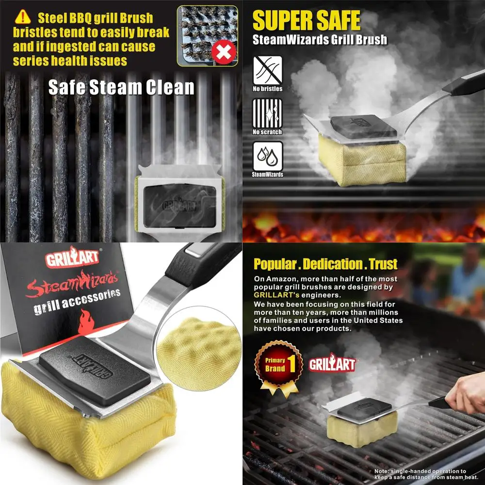

Bristle-Free Grill Brush - Upgraded BBQ Cleaning Tool with Replaceable Head for Cast Iron and Stainless Steel Grates - Black