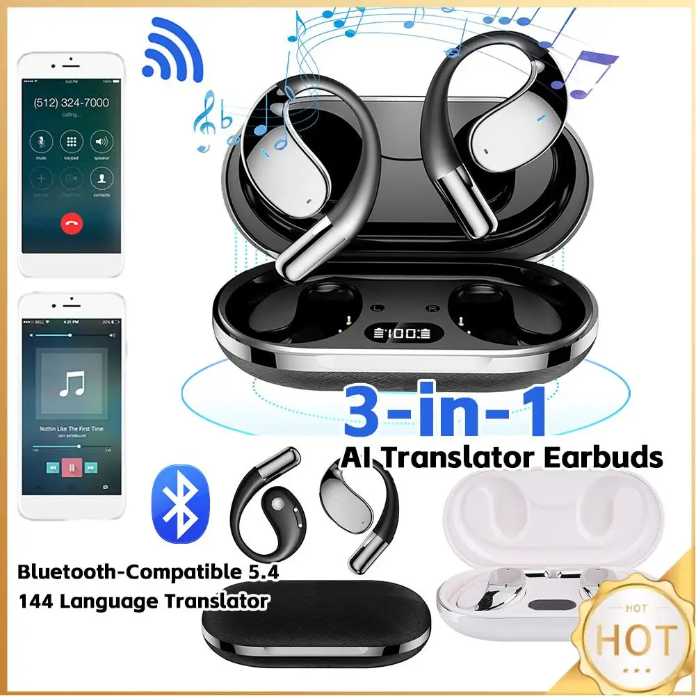 

Наушники-переводчики 3-в-1 с ИИ, Bluetooth 5.4, умный голосовой переводчик, Hi-Fi звук для путешествий и бизнеса