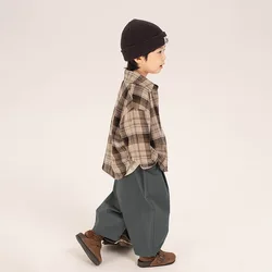 Children Clothing Boy Plaid Shirt 2024 Spring New Cotton Korean Style Long-sleeved Casual Simple Boys and Girls Shirt