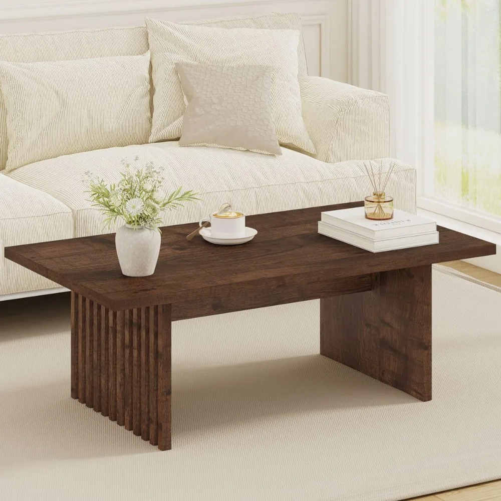

47 Inch Coffee Table, Fluted Side Panels Coffee Tables for Living Room, Large Wooden Tabletop Center Table, Farmhouse
