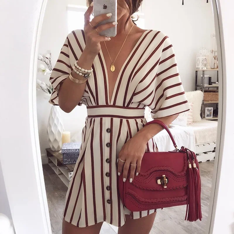 

Striped Printed Breastless High Waist Dress Summer Short Sleeve Deep V Neck Shirt Ladies Party Dress Fashionable Ladies Elegant