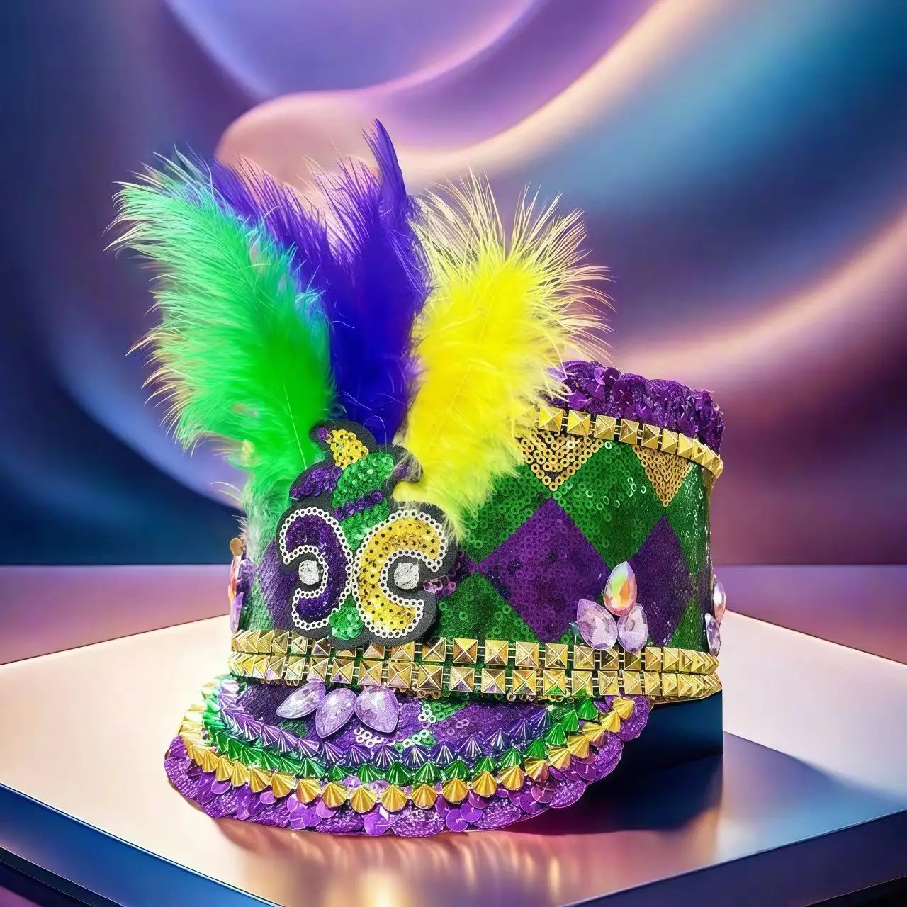 Carnival Bucket Hat Grenn and Purple Top Hat Rhinestone Rivet Chicken Feather Carnival  Top Hat Jazz Stage Hat Halloween Hat