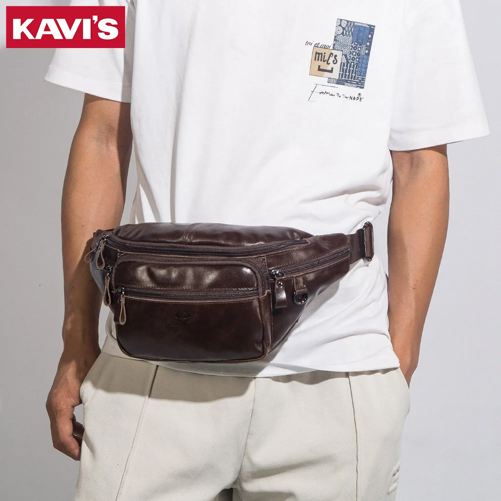 KAVIS Genuine Leather Fanny Pack Waist Bag Multi-Pockets Waist Belt Bag Large Capacity Chest Bags for Hiking Running And Cycling