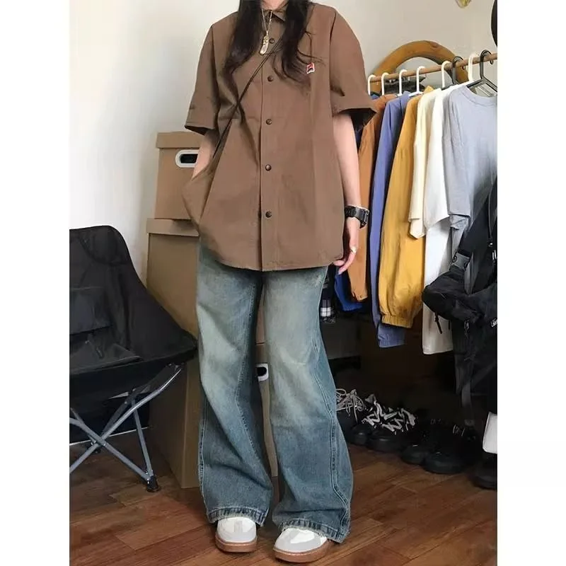 Kemeja dasar kebesaran Jepang wanita Y2k blus kancing Vintage pakaian jalanan mode Harajuku musim panas Chic kasual Preppy