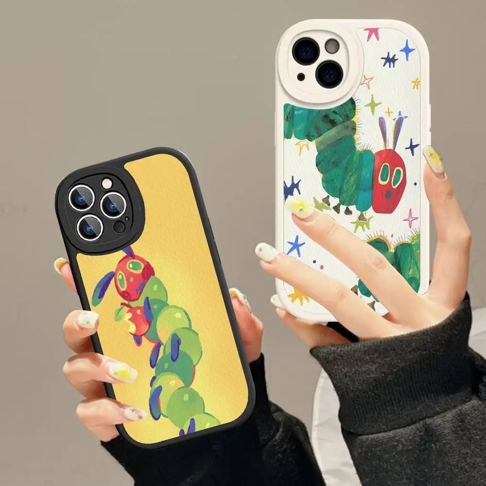 Die sehr hungrige Raupe Leder-Handyhülle für iPhone 16 15 14 13 12 11 Pro Max Plus