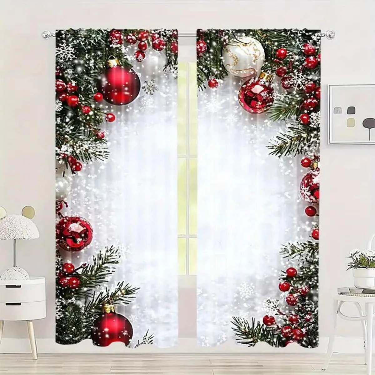 Christmas Cheer Printed Red And White 2pcs Curtains Luxurious Style For Home Celebration Edging Red And White Curtain