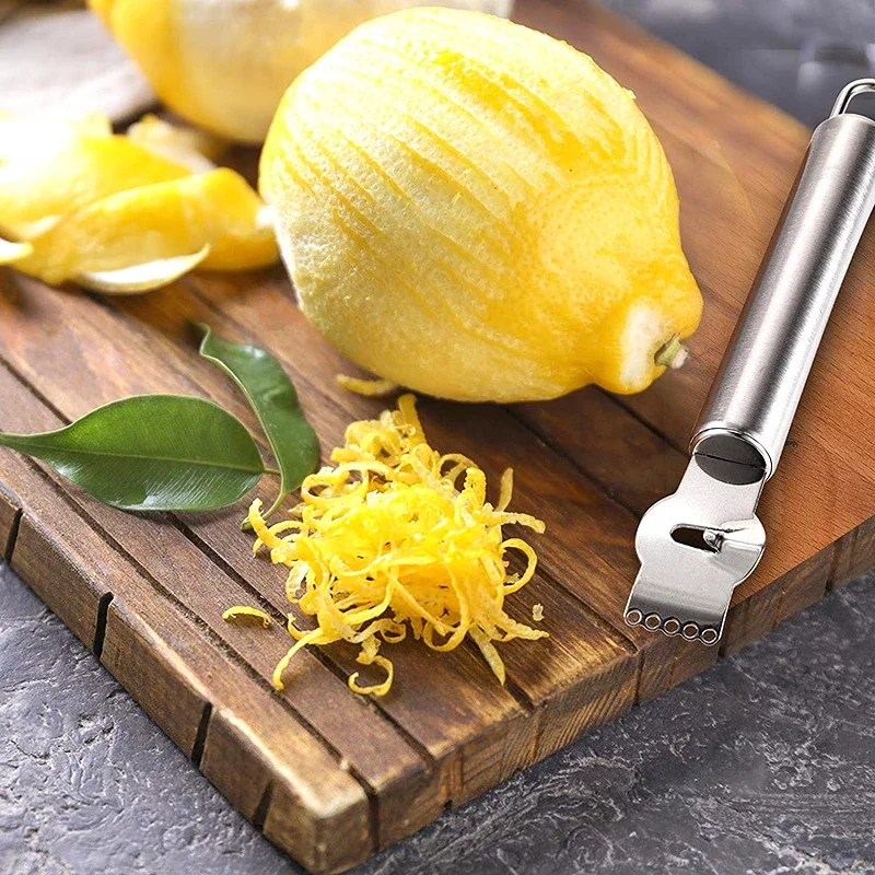 Zitronenreibe aus Edelstahl mit Kanalmesser und Aufhängeschlaufe, Küchenhelfer, orangefarbene Zitrusfruchtreibe, Schälmesser