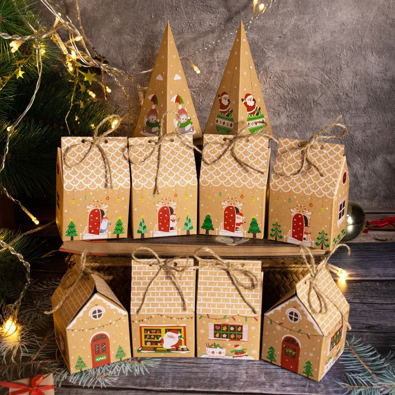 24 Uds. Cajas de regalo de dulces de papel Kraft de Navidad con gemelos y pegatinas casa de dibujos animados Navidad recuerdos de Año Nuevo bolsas de embalaje