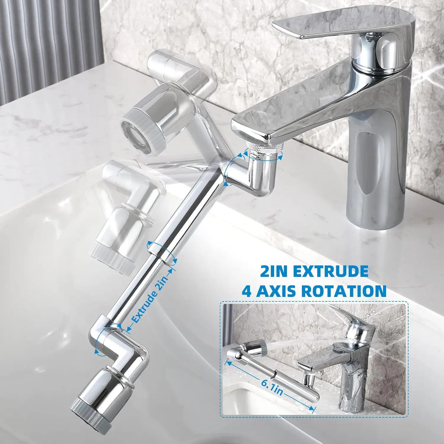 Spurtar-extensor de grifo giratorio de 1440 ° para lavabo de baño, 2 modos de salida de agua, aireador de grifo giratorio de 1080 ° + Fijación de grifo giratorio de 360 °