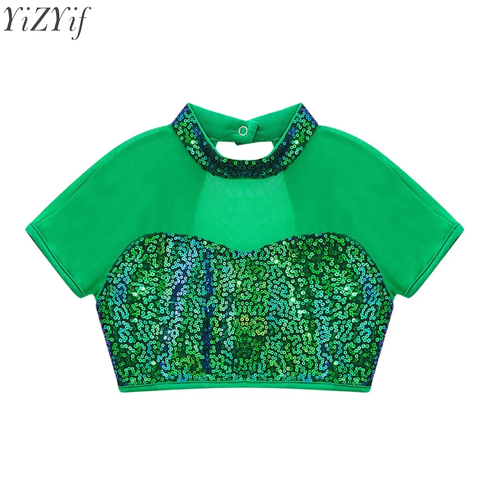 

Kids Girls Crop Top Sequins Adorned Mock Neckline Short Sleeve Mesh Cutout Back Gymnastics Workout Top Figure Skating Dancewear