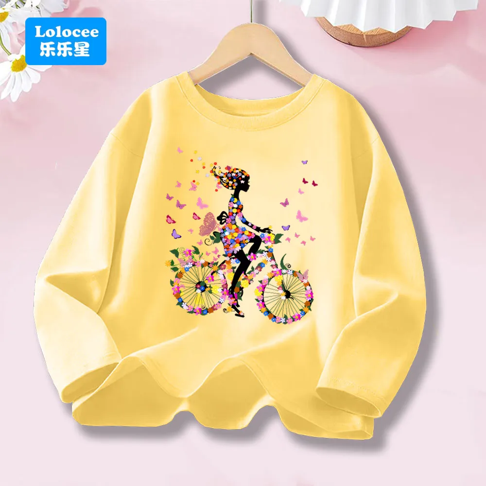 Girls' Spring Autumn Cotton T-shirt, Floral Bicycle Girl & Butterflies Print Long Sleeve Kids Top Fashion Funny Tee Shirt DCHD1