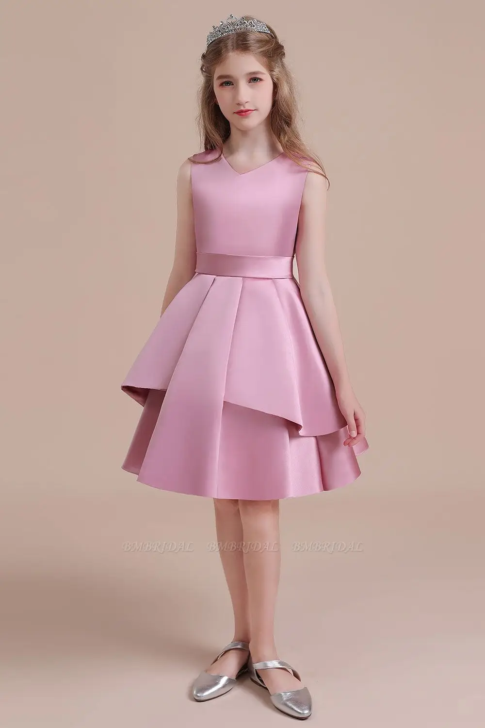 Vestido de flores de satén rosa para niñas pequeñas, vestido de princesa con cuello en V, corte A, boda, fiesta de cumpleaños, ajuste elegante personalizado, 2-14 años