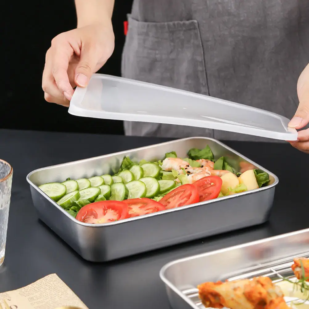 

Набор из 1 многоразового контейнера для еды из нержавеющей стали с дренажной решеткой, герметичный кухонный лоток для хранения закусок, пикников, организации в холодильнике, глубокий