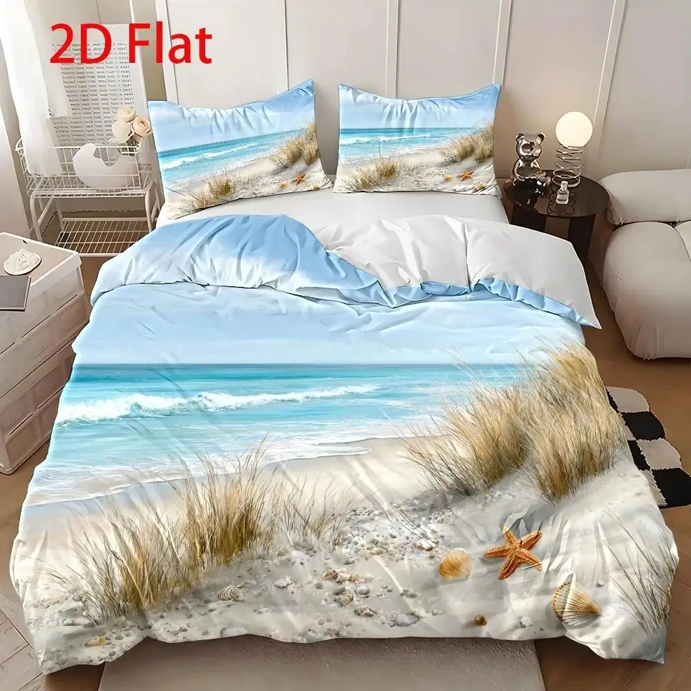 3Pcs Duvet Cover Set, 1Pc Duvet Cover and 2Pcs Pillowcases (No Filling) 2D Flat Printing, Duvet Cover Set, Beach Shell Theme, Re