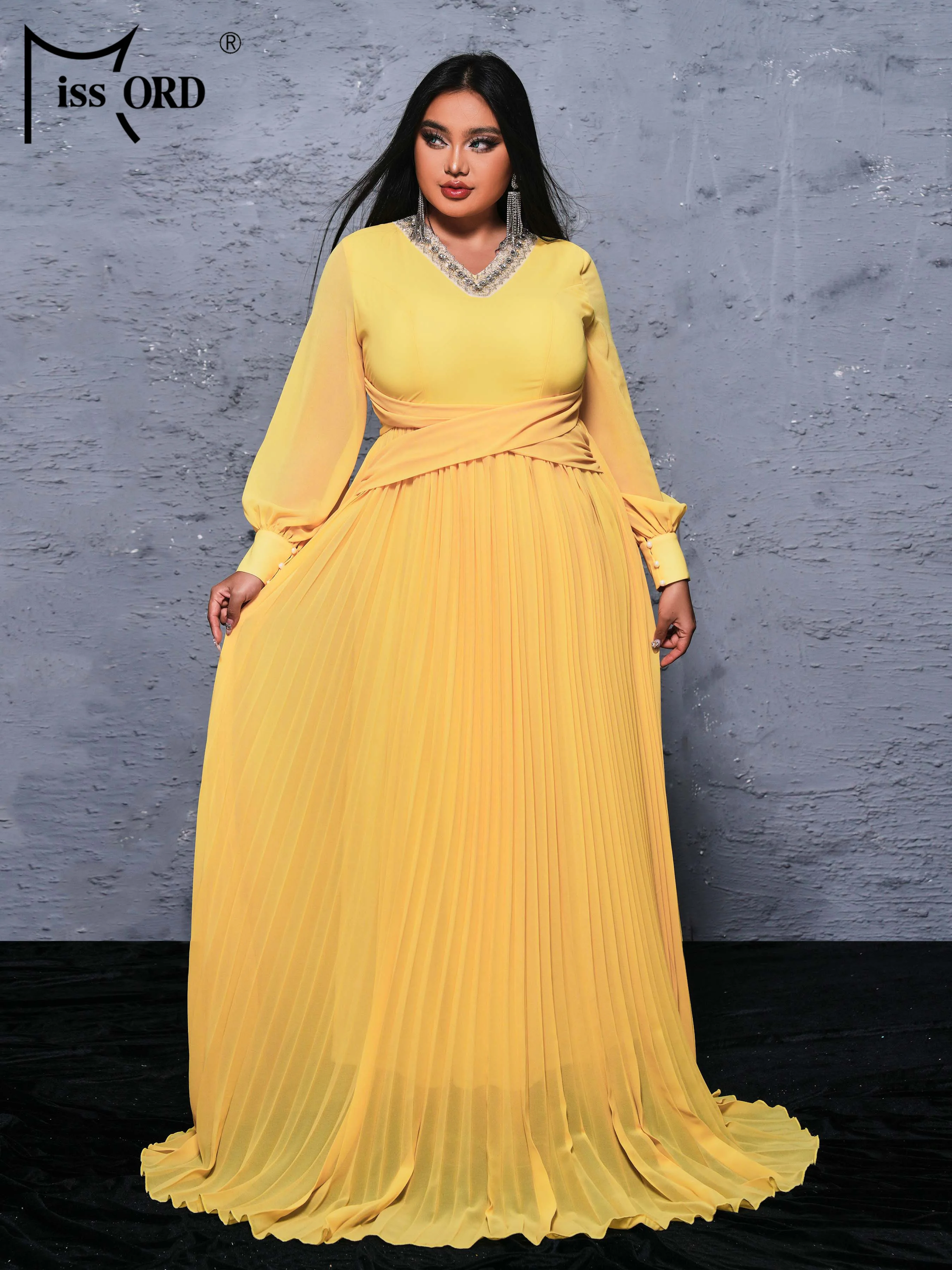 Missord 2024 Plus Size Party Dresses Women Large Size Evening Dress V-neck Yellow Elegant Long A Line Dress